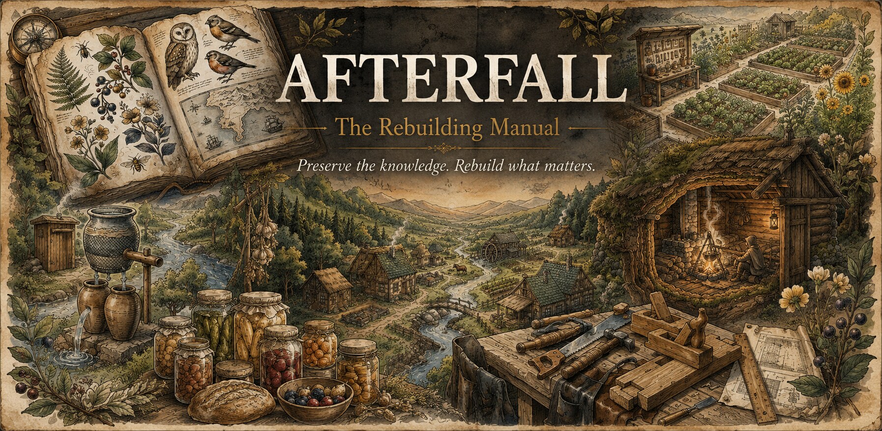 Afterfall featured artwork showing a rebuilding manual, village, garden, preservation, and workshop skills