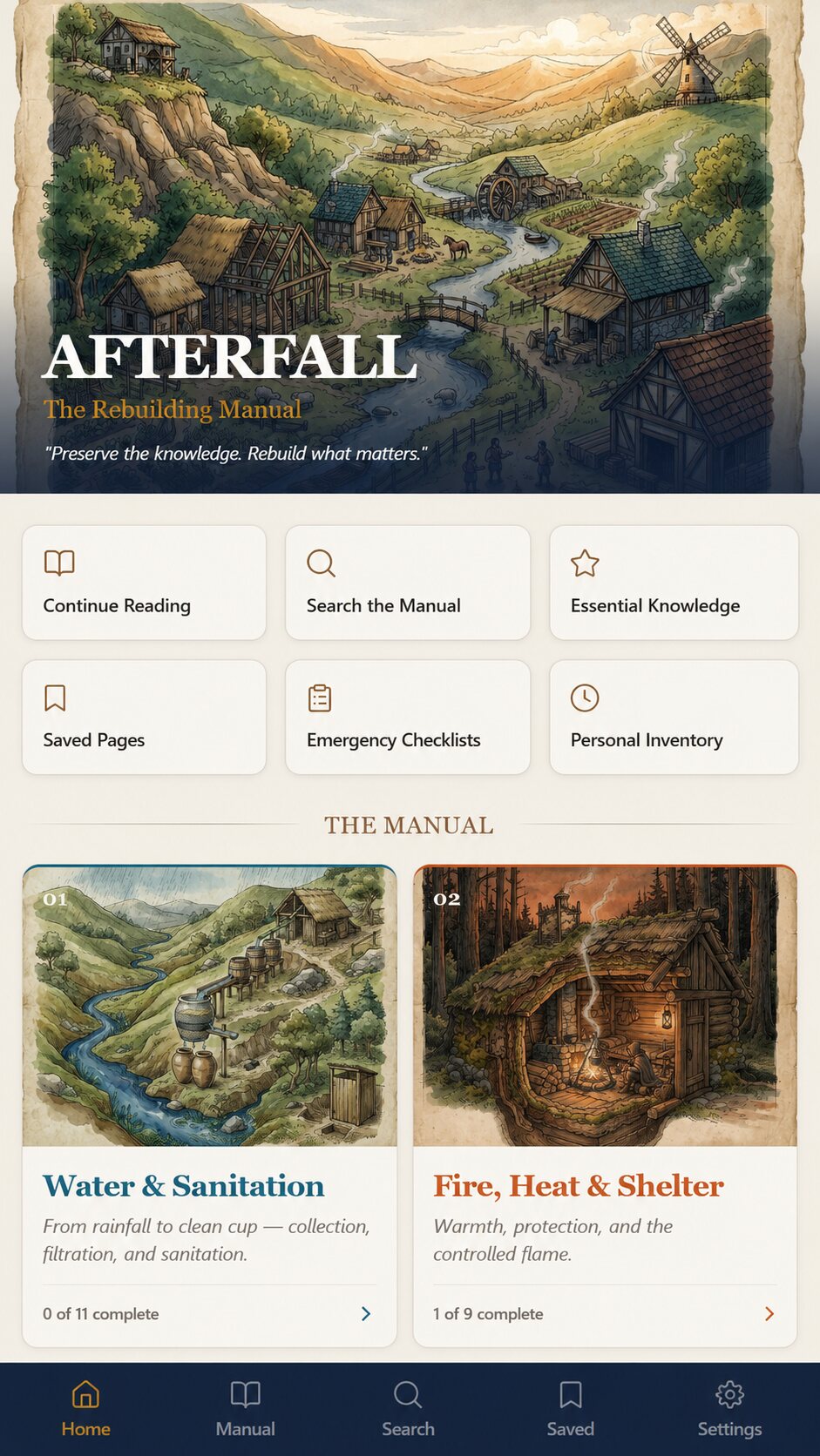 Afterfall home and manual categories