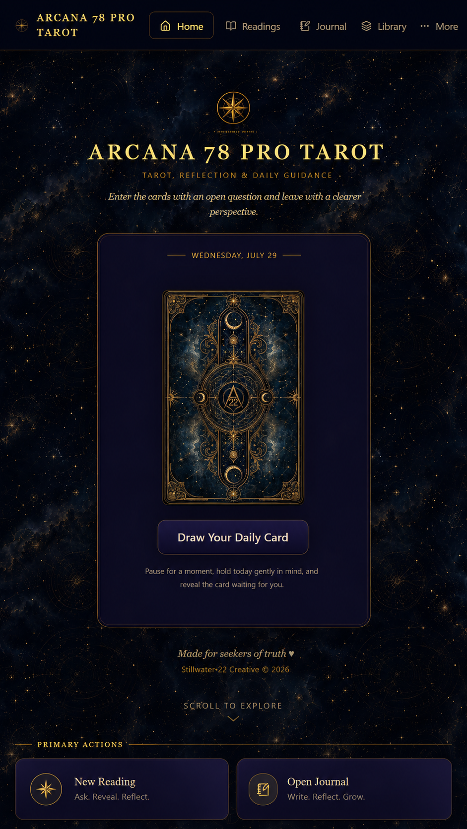 Arcana 78 PRO Tarot home and daily card screen