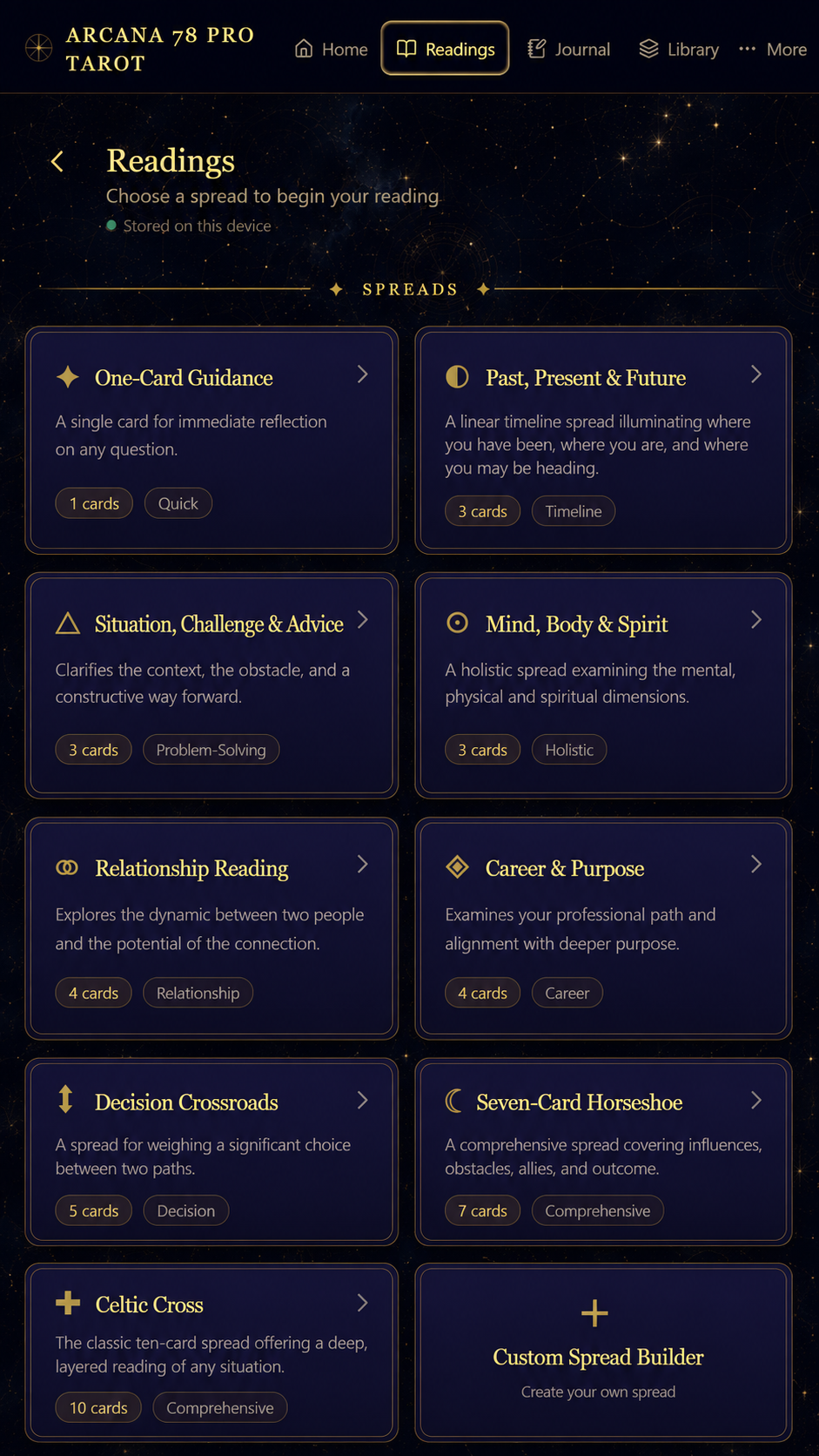 Arcana 78 PRO Tarot reading spreads