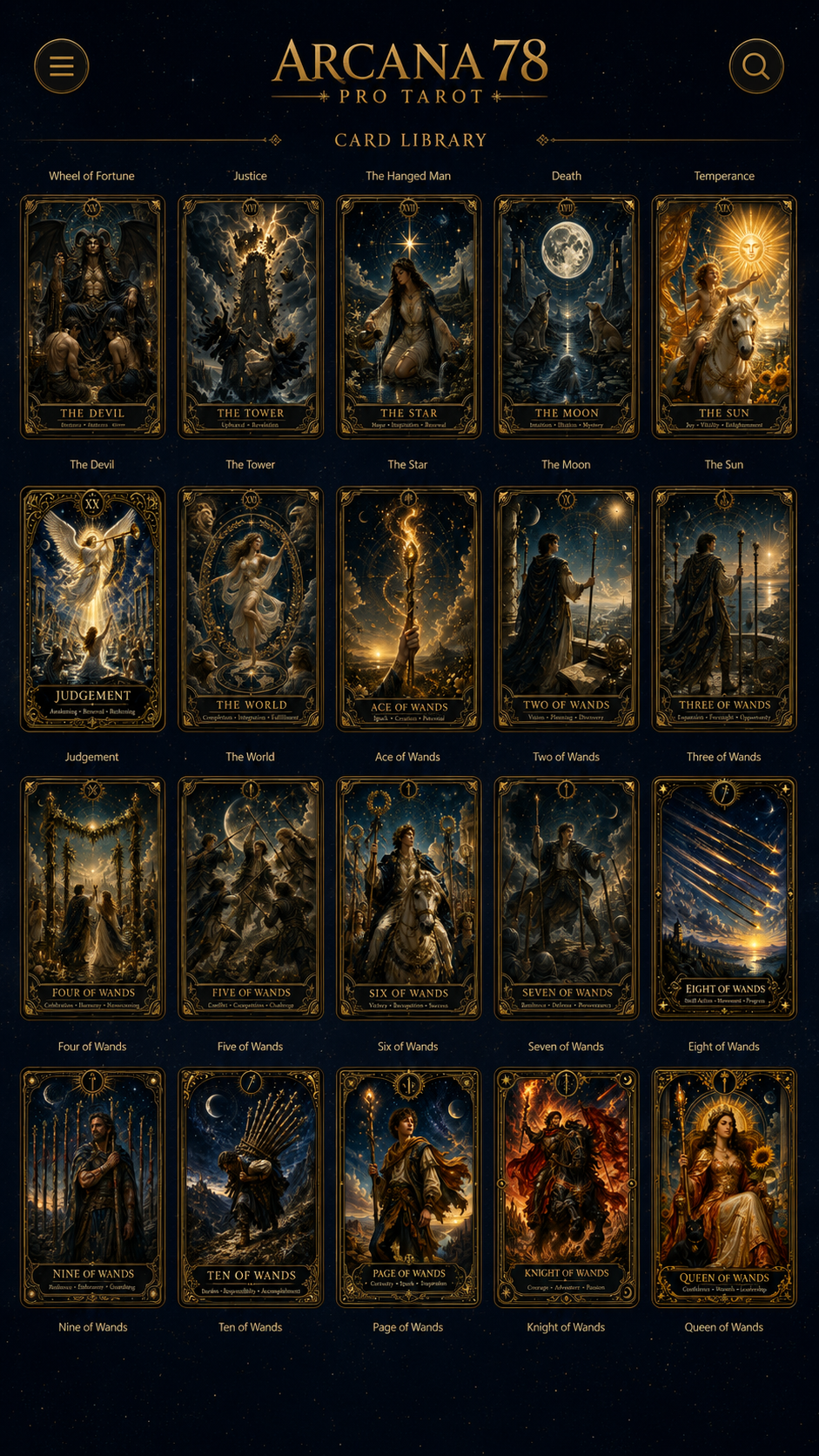 Arcana 78 PRO Tarot card library with Major Arcana and Wands
