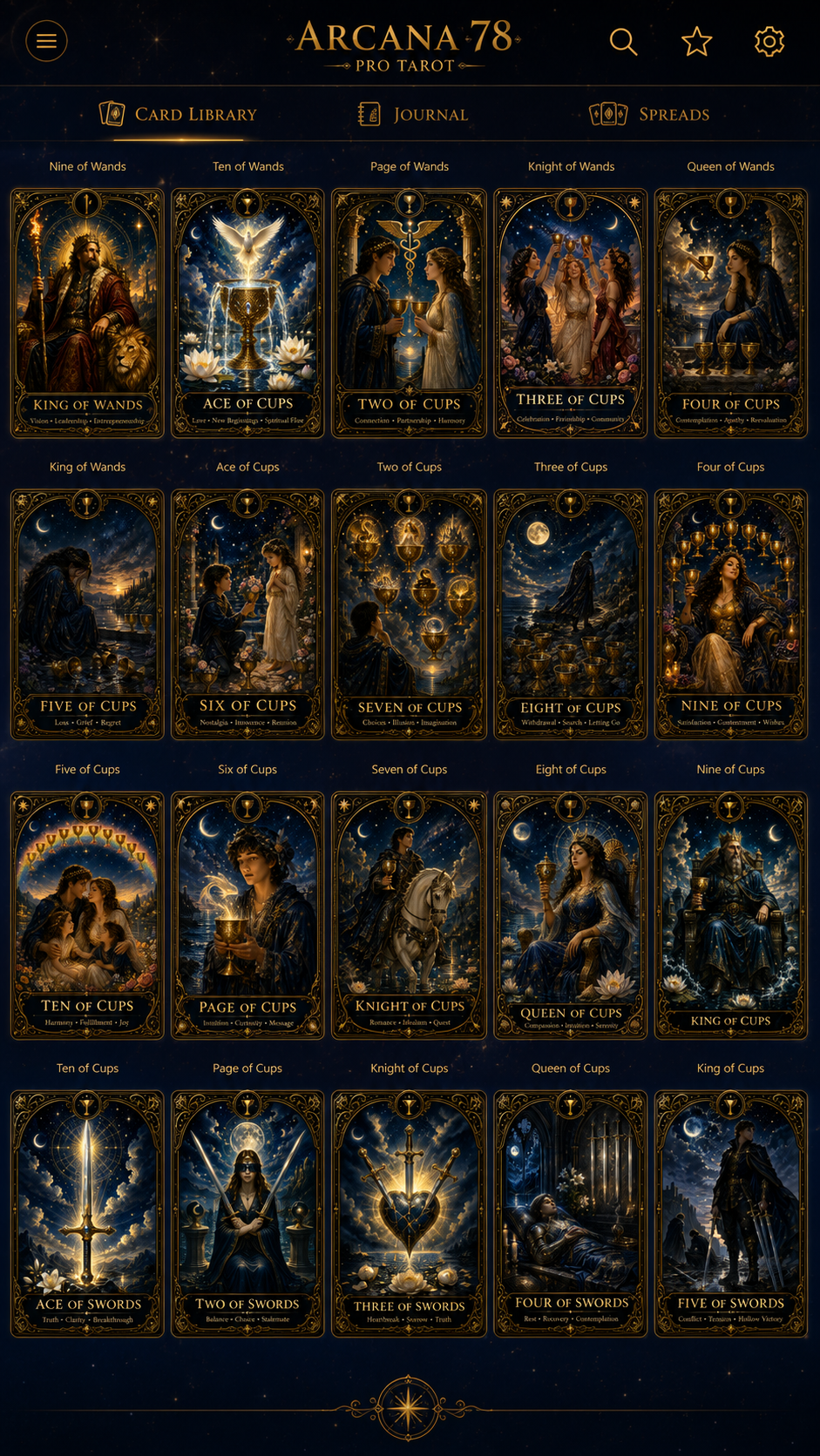 Arcana 78 PRO Tarot card library with Cups and Swords