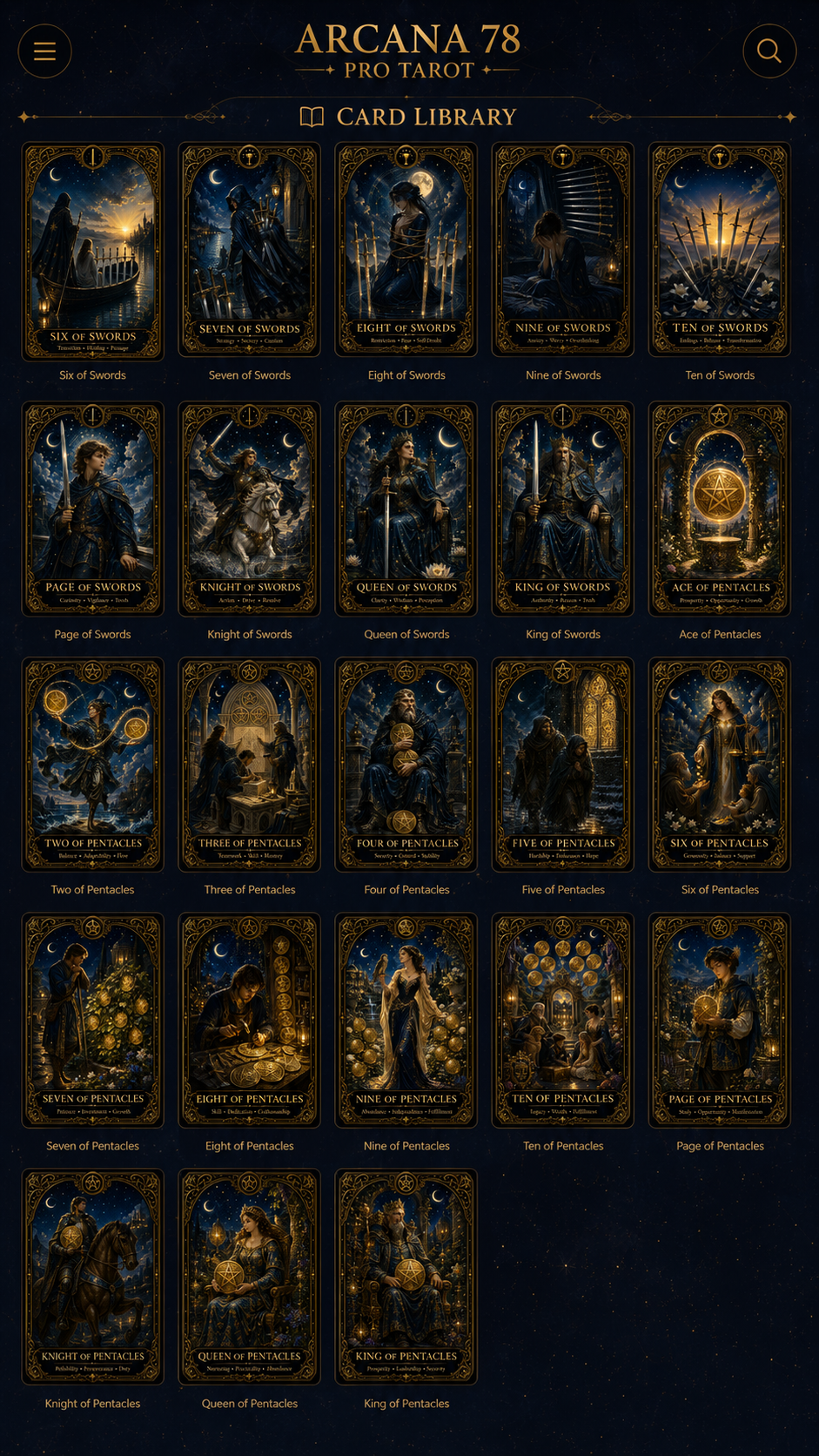 Arcana 78 PRO Tarot card library with Swords and Pentacles