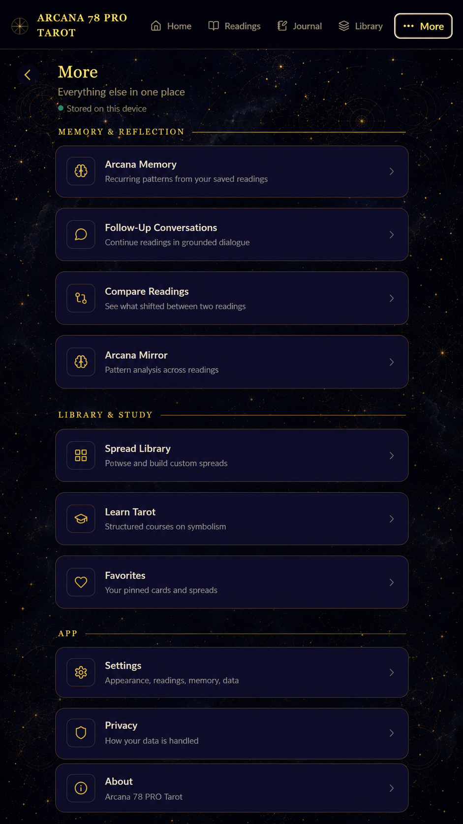 Arcana 78 PRO Tarot reflection, study, privacy, and settings tools