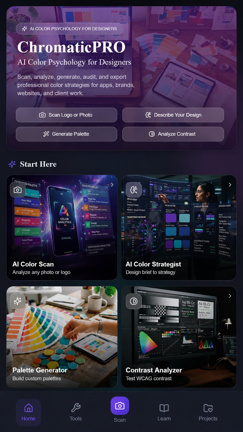 ChromaticPRO home screen with AI color scan, strategist, palette generator, and contrast analyzer