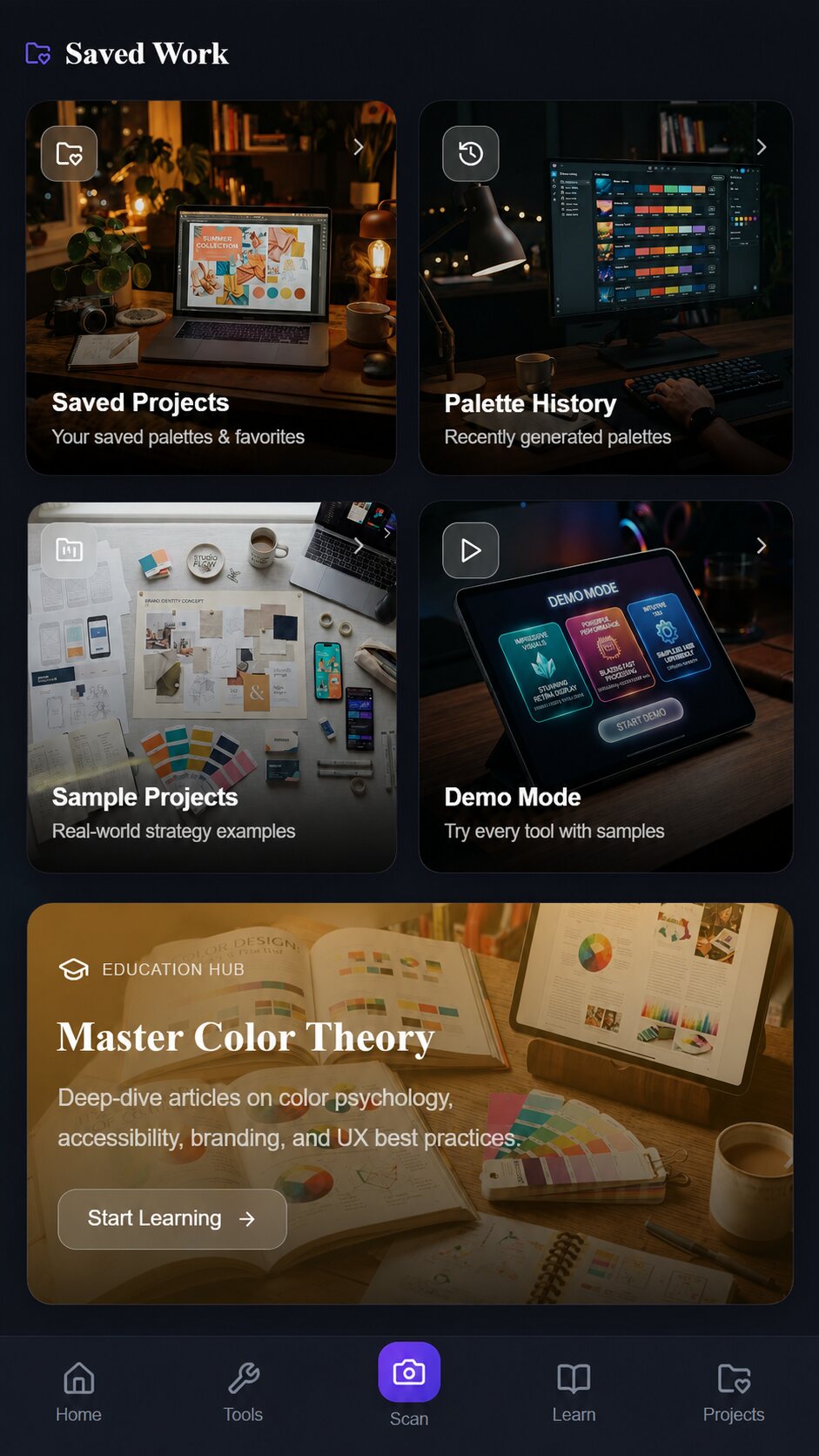 ChromaticPRO saved projects, palette history, demos, and education hub