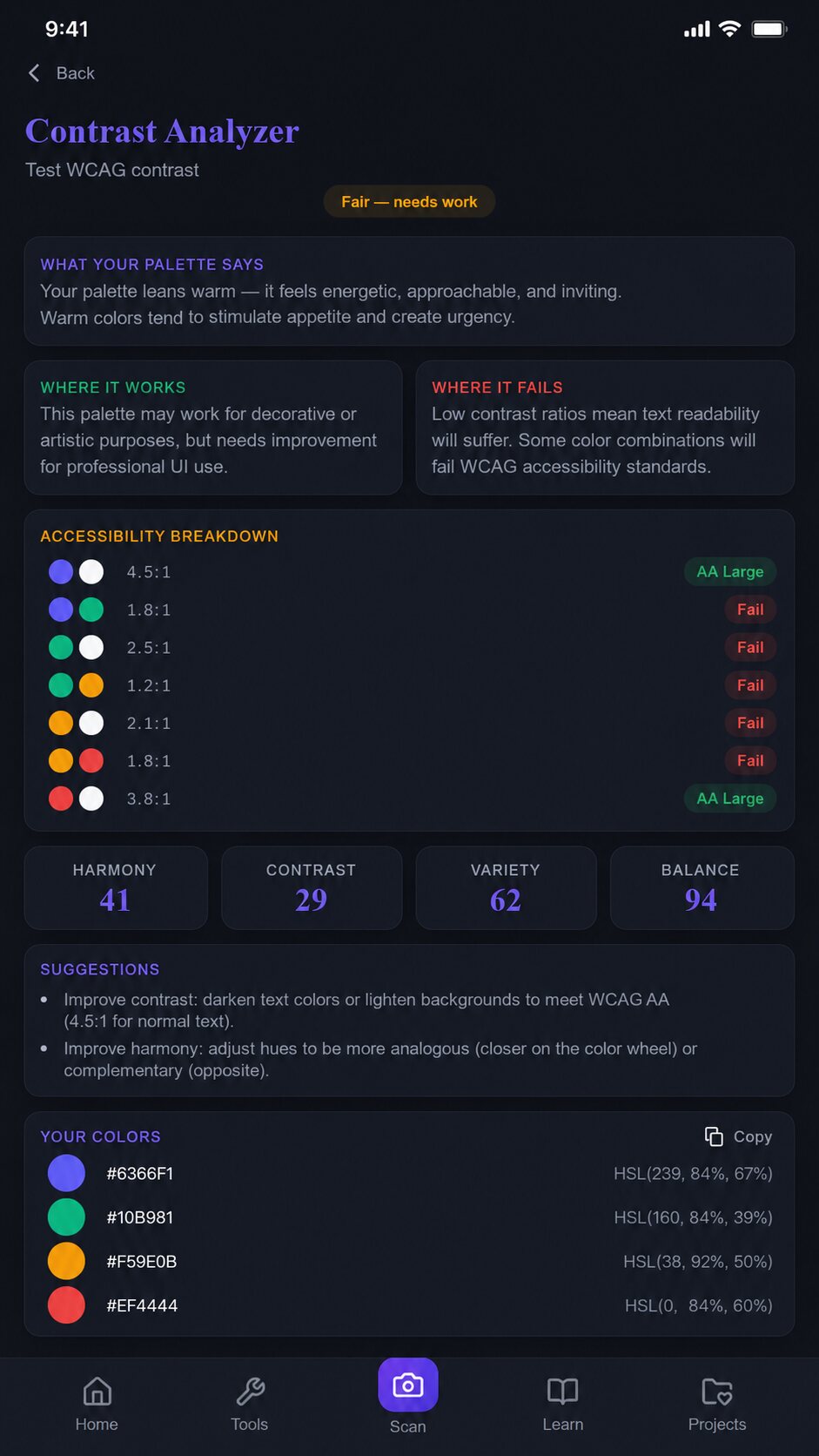 ChromaticPRO WCAG contrast analyzer and accessibility breakdown