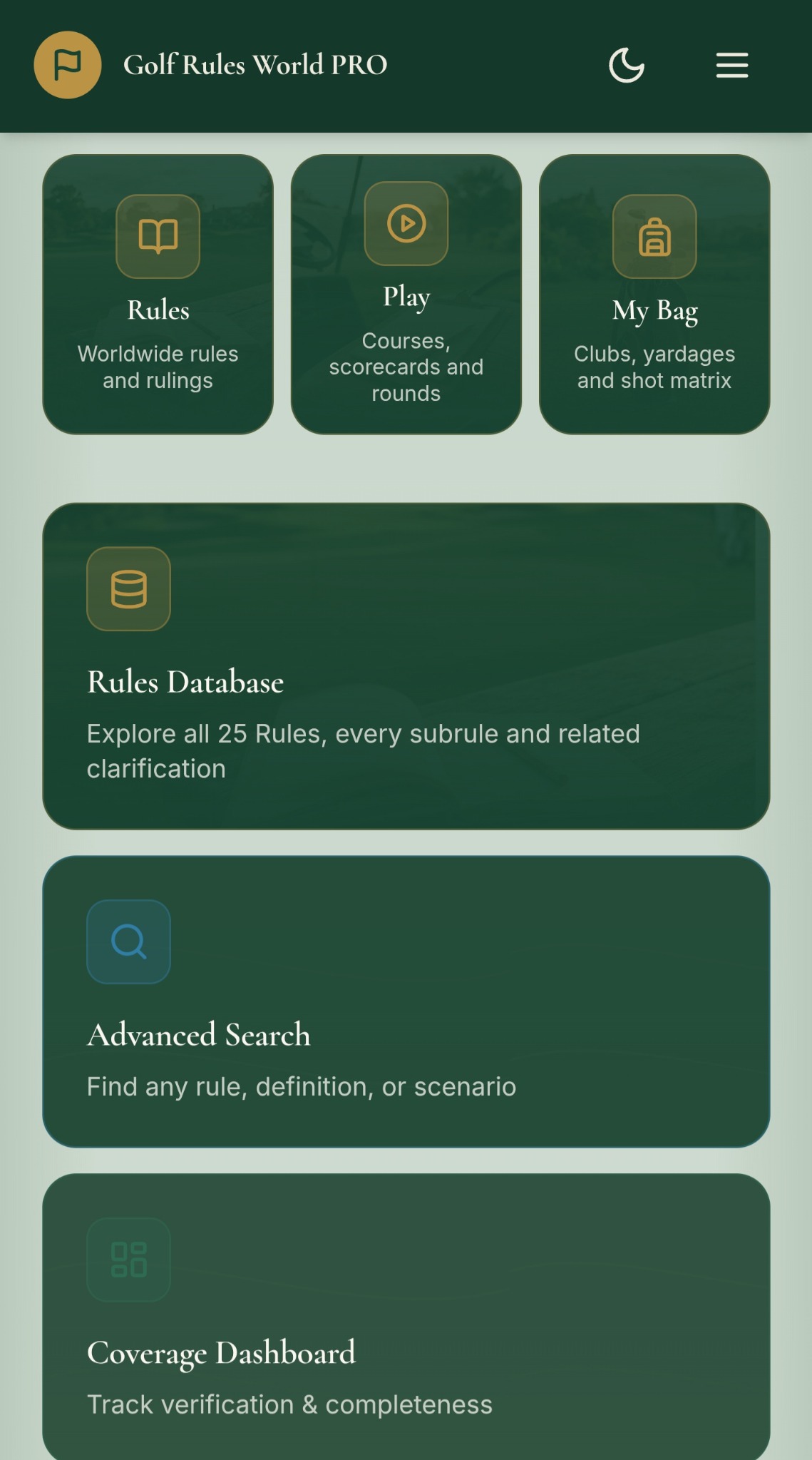 Golf Rules World PRO rules database screen