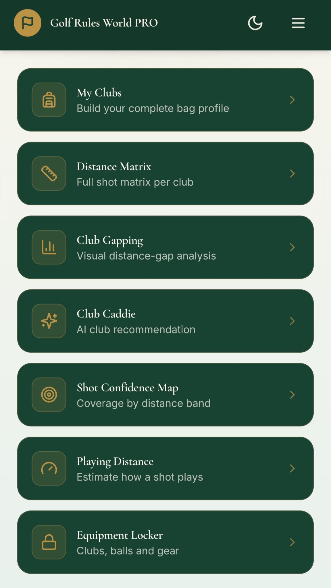 Golf Rules World PRO club tools screen