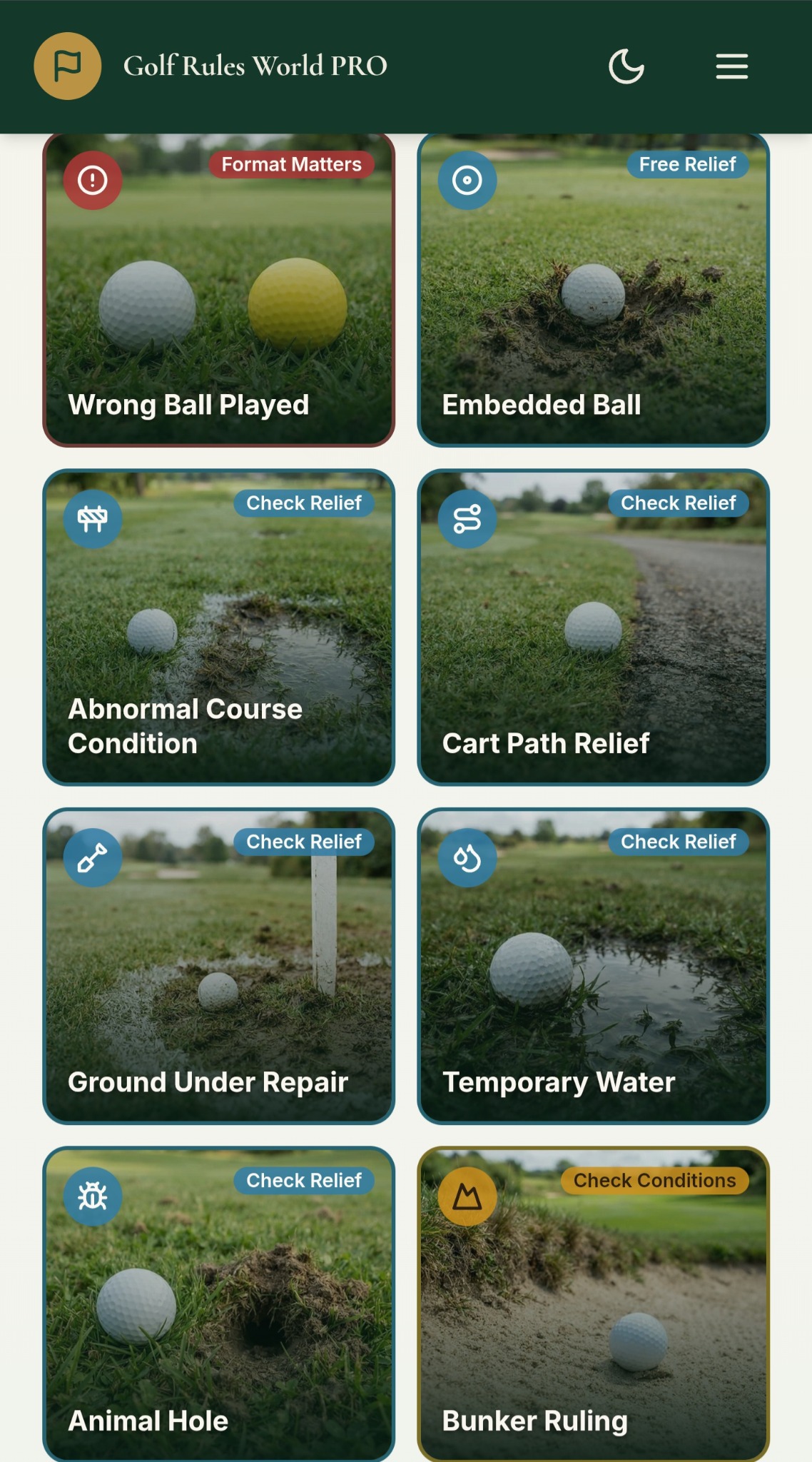 Golf Rules World PRO relief situations screen