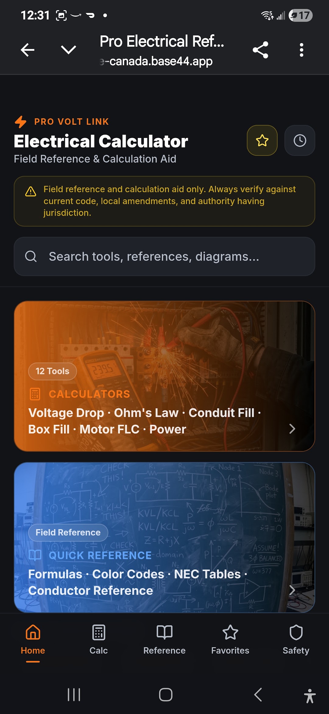 Pro Volt Link Canada electrical calculation screen