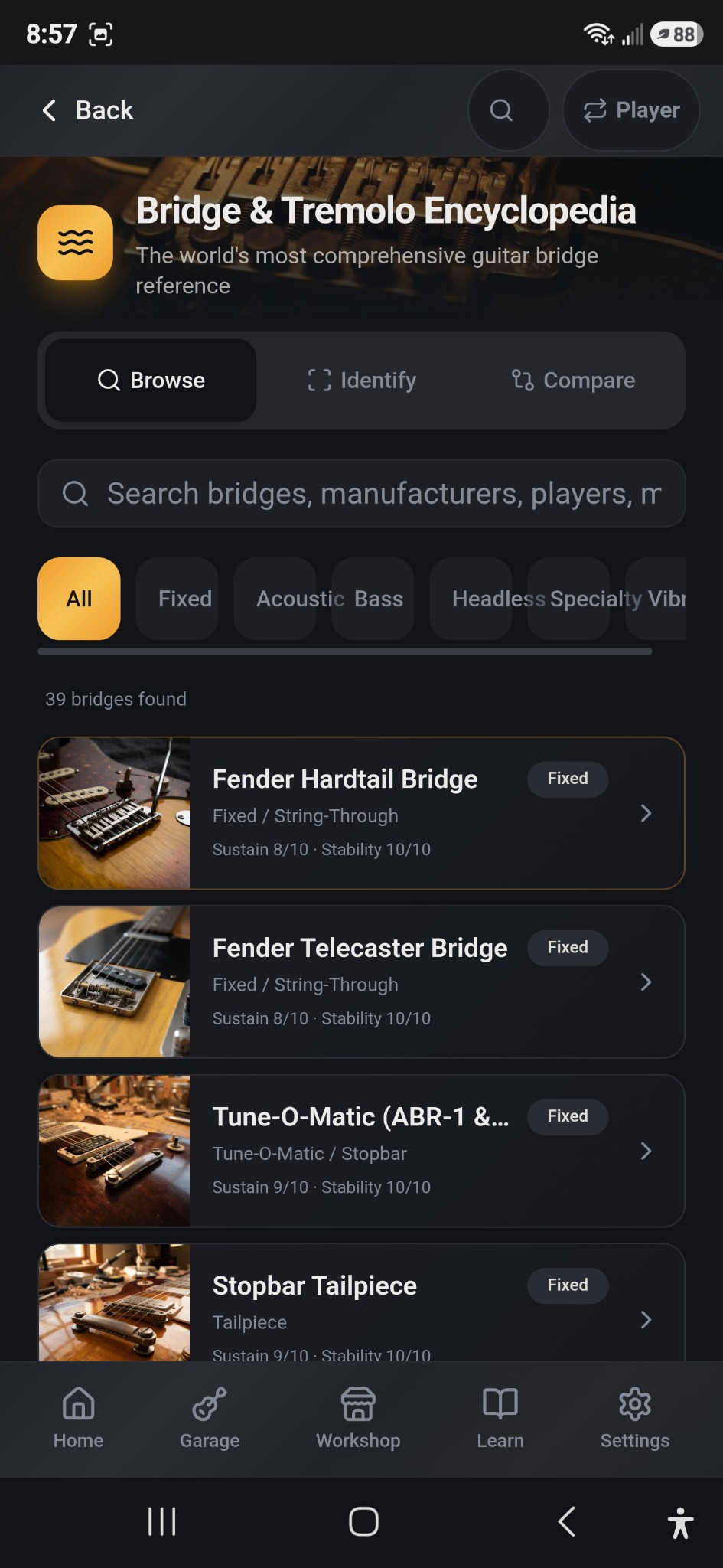 Guitar Master Lab bridge and tremolo encyclopedia screen