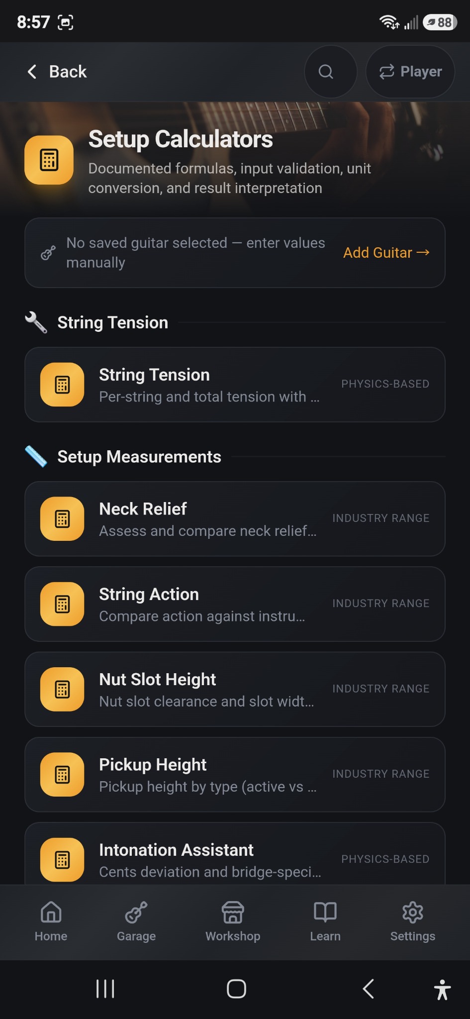 Guitar Master Lab setup calculators screen