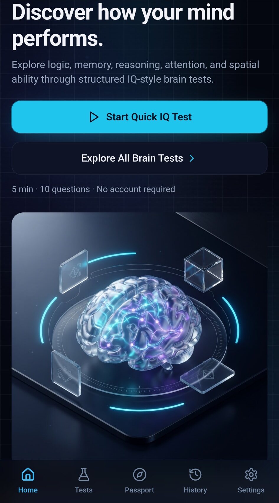 IQ Test Lab home screen