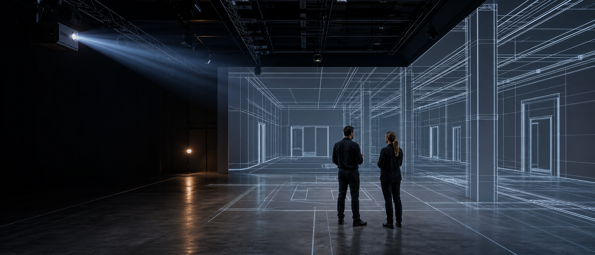 Two professionals reviewing architectural geometry projected at full scale across a studio floor and walls